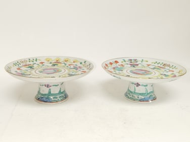 Pr. of Qing Chinese Porcelain Famille Rose High-Foot Plates