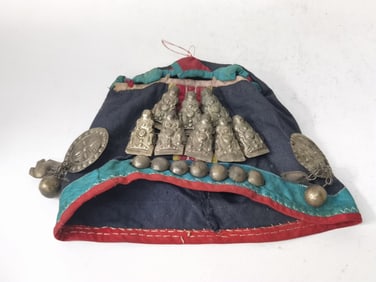 19-20th C. Chinese Embroidered Children's Hat with Silver