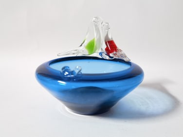 Vintage Blue Art Glass Birds Bowl