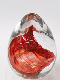 Vintage Signed Controlled Bubble Red Swirl Glass Paperweight