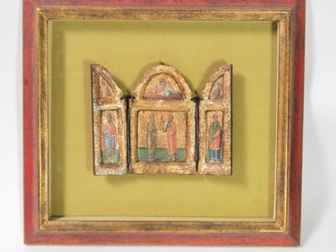 Antique Italian Gilt Wood Hand Painted Tri-Fold Icon