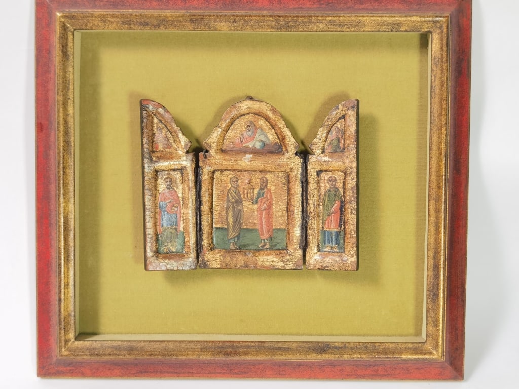 Antique Italian Gilt Wood Hand Painted Tri-Fold Icon (1 of 9)