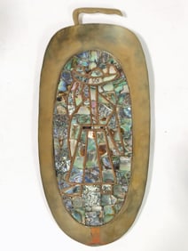 Vintage Mexican Abalone Mosaic Inlay Bronze Leaf Tray