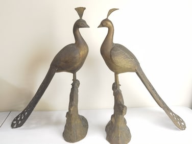Pr. of Large Vintage Bronze Peacock Sculptures