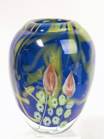 Vintage Arthur Kusak Millefiori Blue Art Glass Vase