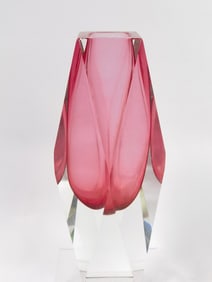 Vintage Murano Italy Pink Faceted Glass Vase