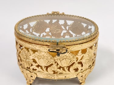 Vintage Ormolu Filigree Brass and Glass Vanity Box