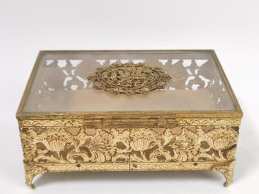 Vintage Ormolu Filigree Brass and Glass Vanity Box
