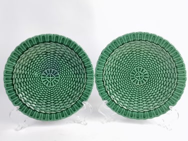 Pr of Antique Porcelain Green Basketweav