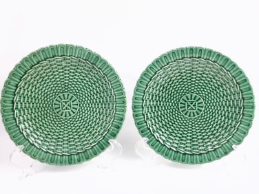 Pr. of Antique Porcelain Green Basketweave Plates