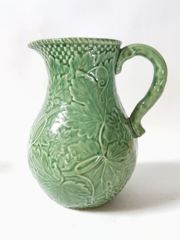 Bordallo Pinheiro Porcelain Vines Green Pitcher: Bordallo Pinheiro Porcelain Vines Green Pitcher, 9 1/8in