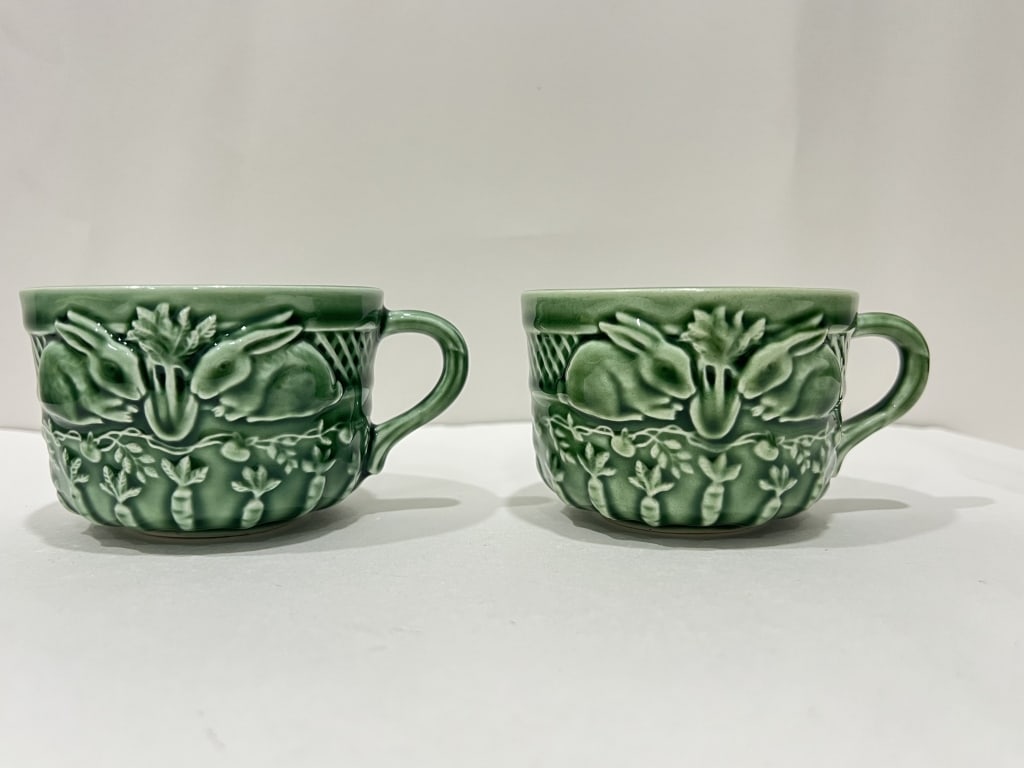 Pr. of Bordallo Pinheiro Porcelain Green Rabbit Cups: Pr. of Bordallo Pinheiro Porcelain Green Rabbit Cups, 3.5in