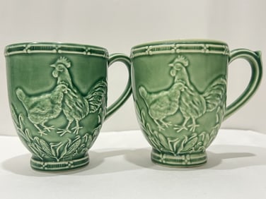 Pr. of Bordallo Pinheiro Porcelain Green Rooster Cups