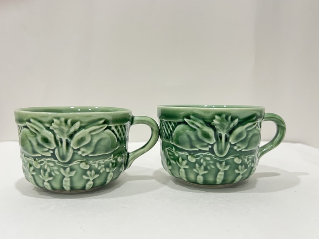 Pr. of Bordallo Pinheiro Porcelain Green Rabbit Cups (1 of 3)