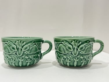Pr. of Bordallo Pinheiro Porcelain Green Rabbit Cups