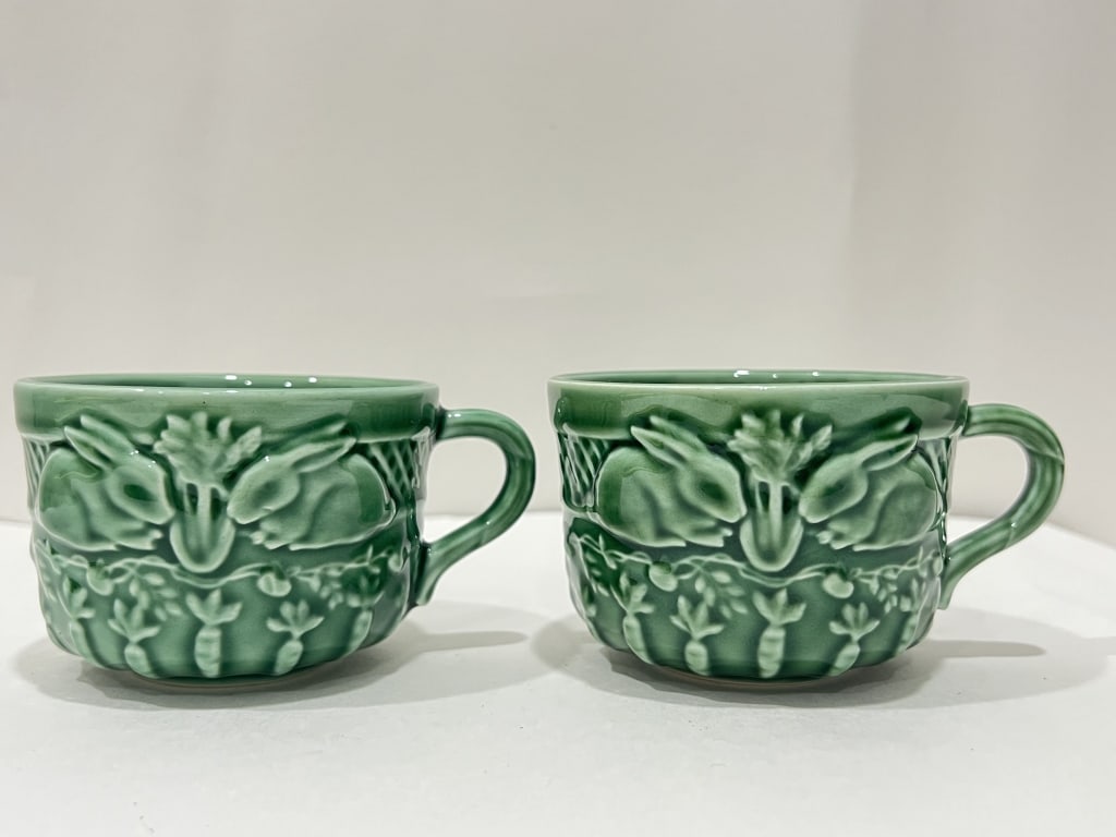 Pr. of Bordallo Pinheiro Porcelain Green Rabbit Cups: Pr. of Bordallo Pinheiro Porcelain Green Rabbit Cups, 3.5in