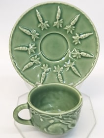 Vintage Bordallo Pinheiro Porcelain Green Bunny Tea Cup Set