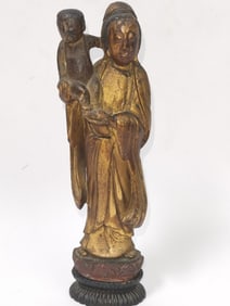 19th C. Chinese Gilt Wood Carved Guanyin with Child