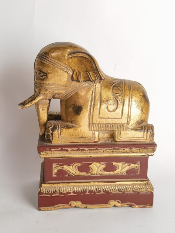 19-20th C. Chinese Gilt Wood Carved Elephant: 19-20th C. Chinese Gilt Wood Carved Elephant, 10.25in by 8.5in