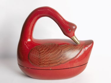 19-20th C. Chinese Gilt Red Lacquer over Wood Goose Box