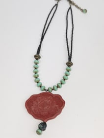 Vintage Chinese Cinnabar Carved Pendant Necklace