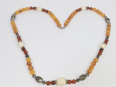 Vintage Chinese Amber and Silver Metal Bead Necklace