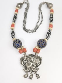 Vintage Chinese Tibetan Silver and Faux Coral/Tianzhu Necklace