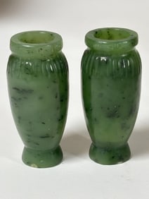 Pr. of Chinese Spinach Jade Carved Vases