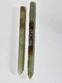 (2) Chinese Greenish Jade Carved Hair Pins