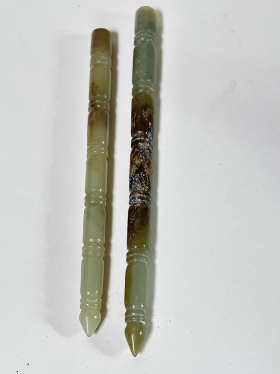(2) Chinese Greenish Jade Carved Hair Pins: (2) Chinese Greenish Jade Carved Hair Pins 6.25in