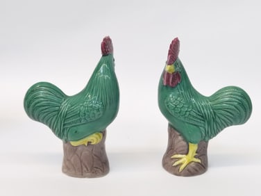 (2) Vintage Chinese Porcelain Sancai Roosters
