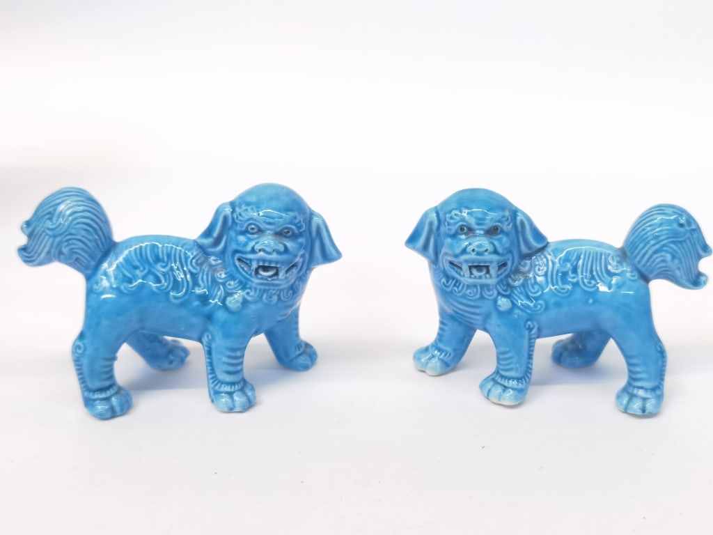 Pr. of Vintage Chinese Porcelain Peacock Blue Lion: Pr. of Vintage Chinese Porcelain Peacock Blue Glaze Lions, 3.5in by 2.5in