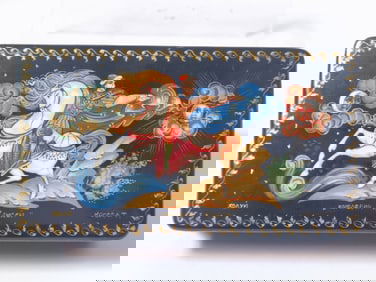 Vintage Russian Signed Hand Painted Lacquer Wood Jewelry Box