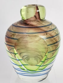 Vintage Murano Italy Blue Stripe Green Faceted Art Glass Vase