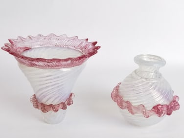 (2) Vintage Murano Italy Ribbed Art Glass Lamp Shades