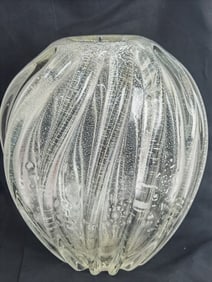 Large Vintage Murano Italy Silver Glitter Ribbed Glass Vase