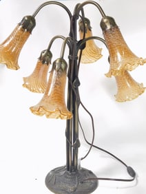 Vintage Tiffany Style Amber Glass Lily Lamp