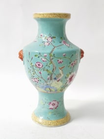 19-20th C. Chinese Turquoise Glaze Famille Rose Va