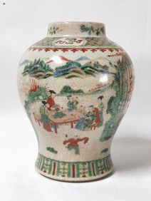 Qing Chinese Porcelain Faux Ge Glaze Wucai Jar