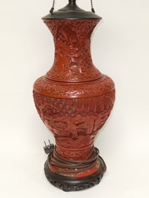 Qing Chinese Cinnabar Carved Vase Lamp