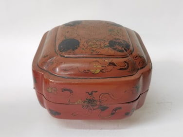 19th C. Chinese Painted Red Lacquer over Wood Box