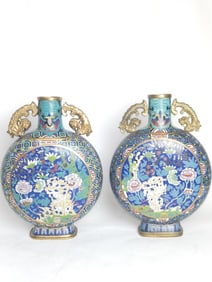 Pr. of 19-20th C. Chinese Cloisonne Moon Flask Vas