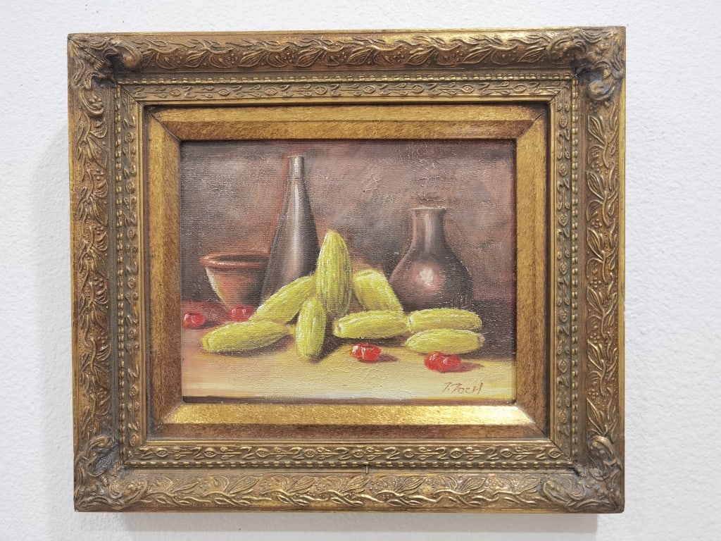 T. Foch Still Life Oil Painting on Board: T. Foch Still Life Oil Painting on Board, 14.5in by 13in