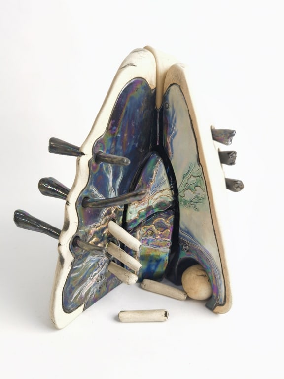 1982 Signed Iridescent Ceramic Puzzle Heart Sculpt: 1982 Signed Iridescent Ceramic Puzzle Heart Sculpture, 10in