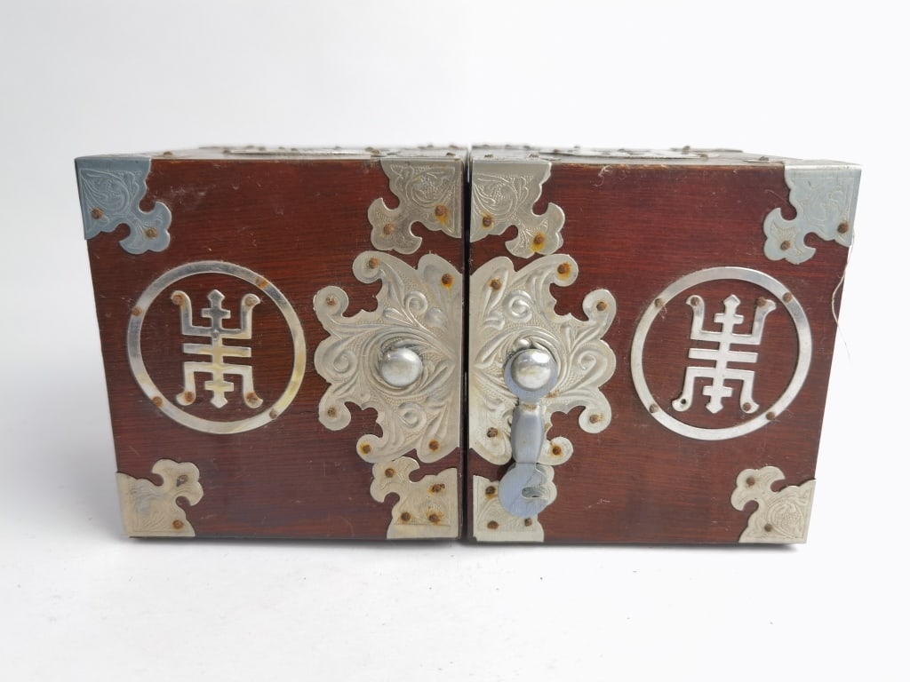 Vintage Chinese Wood Folding Jewelry Box with Pewt (1 of 6)