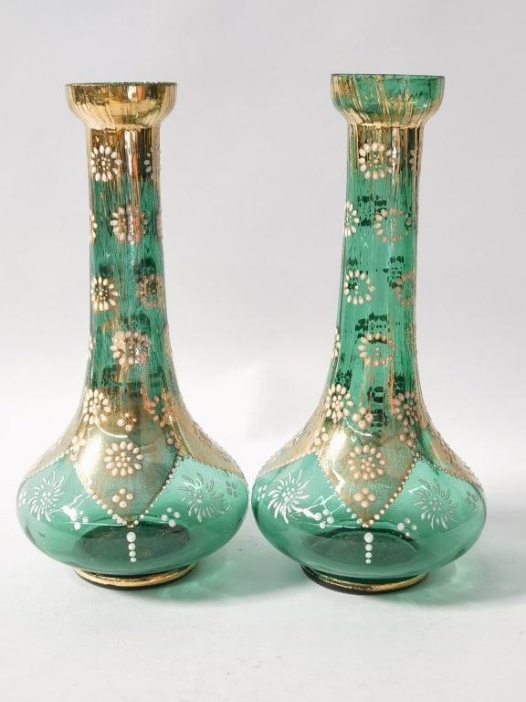Pr. of Vintage Murano Italy Gilt Green Glass Vases (1 of 3)