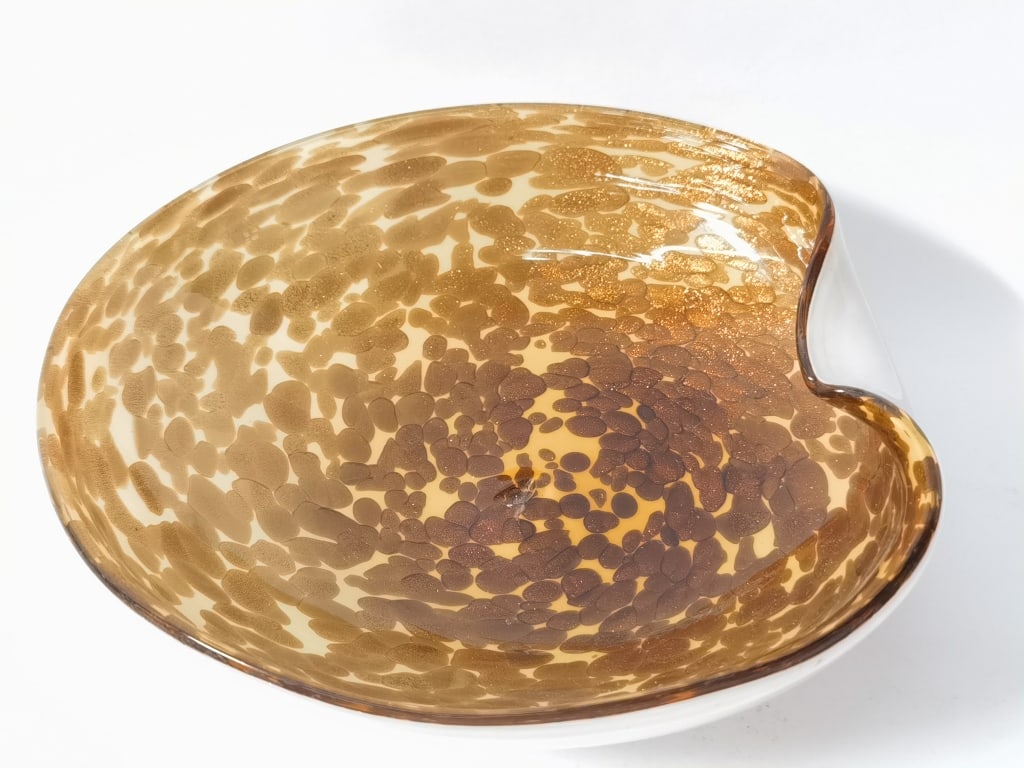 Vintage Murano Italy White Glass Overcast Amber Gl: Vintage Murano Italy White Glass Overcast Amber Glitter Glass Bowl, 8in