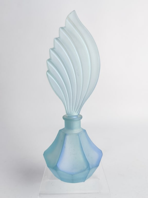 Vintage Jizerske Sklo Czech Frosted Blue Glass Per: Vintage Jizerske Sklo Czech Frosted Blue Glass Perfume BOttle, 7.75in