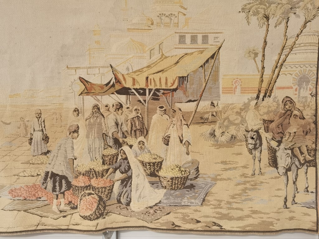 19th C. French Middle Eastern Street Market Tapest: 19th C. French Middle Eastern Street Market Tapestry, 68in by 48in