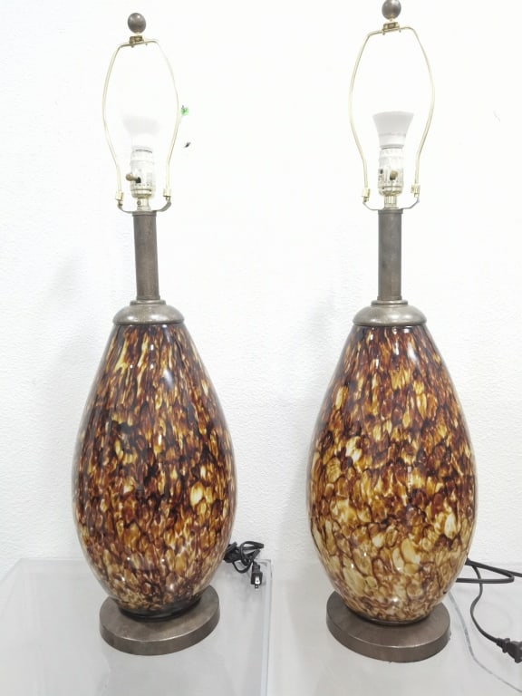 Pr. of Vintage Murano Italy Tortoise Shell Glass L: Pr. of Vintage Murano Italy Tortoise Shell Glass Lamps, Vase: 18in, Total: 34in